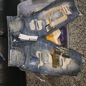 First Raw Men's Distressed Patchwork Blue Denim Shorts